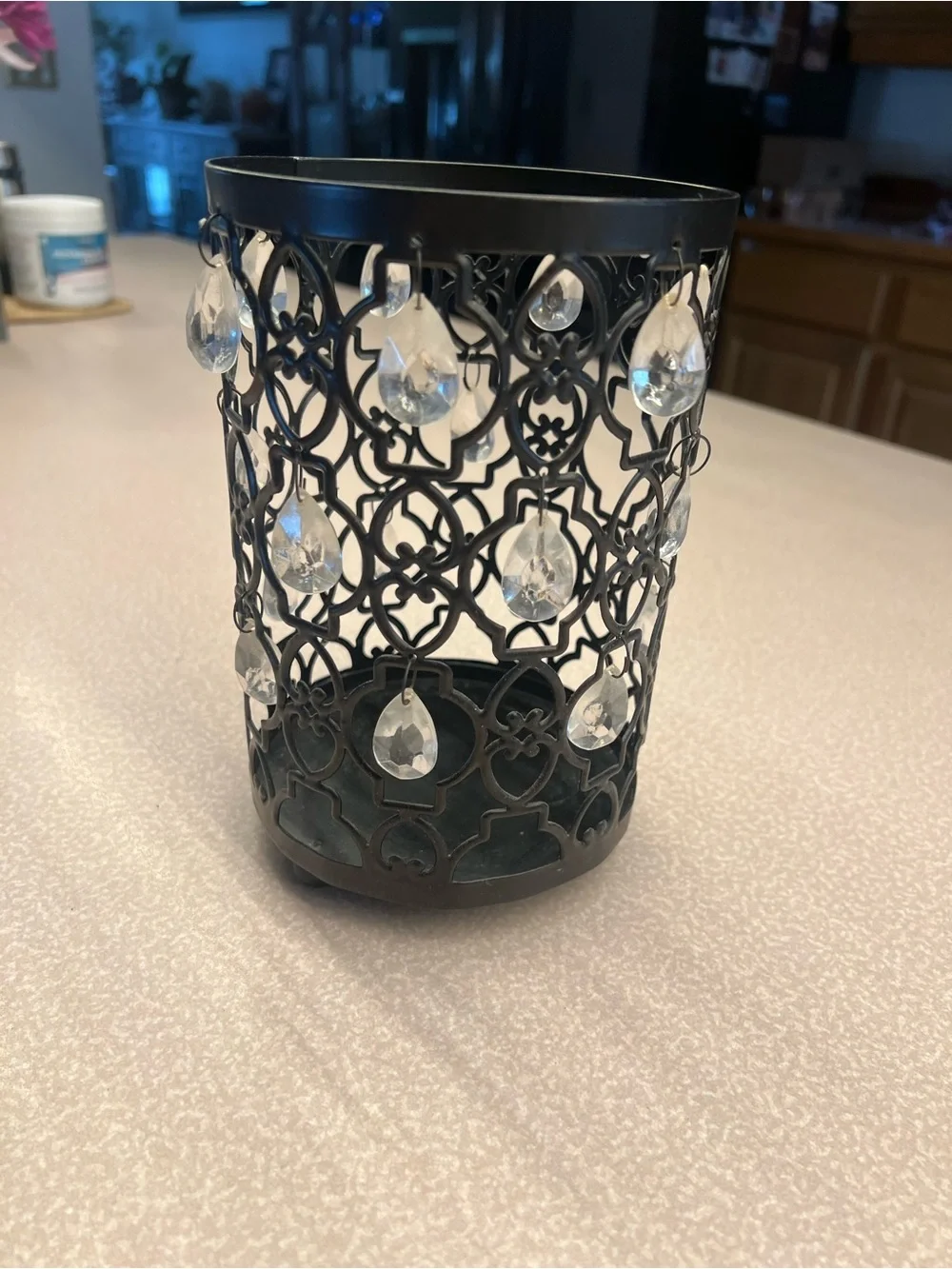 Elegant Black Metal Tealight Holder with Crystal Droplets